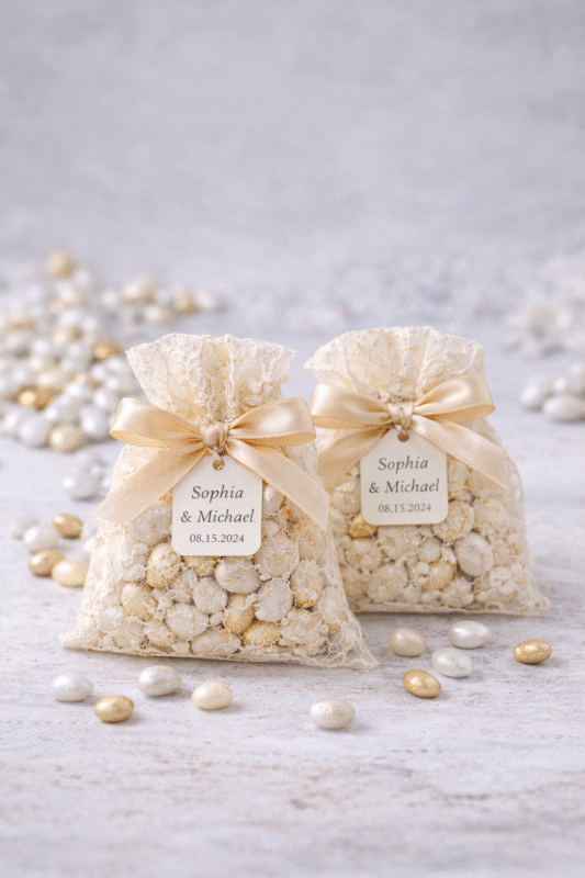 Luxury candy favors in lace bags with sugared almonds, personalized wedding favors, elegant bonboniere gift for wedding, baby shower and bridal events