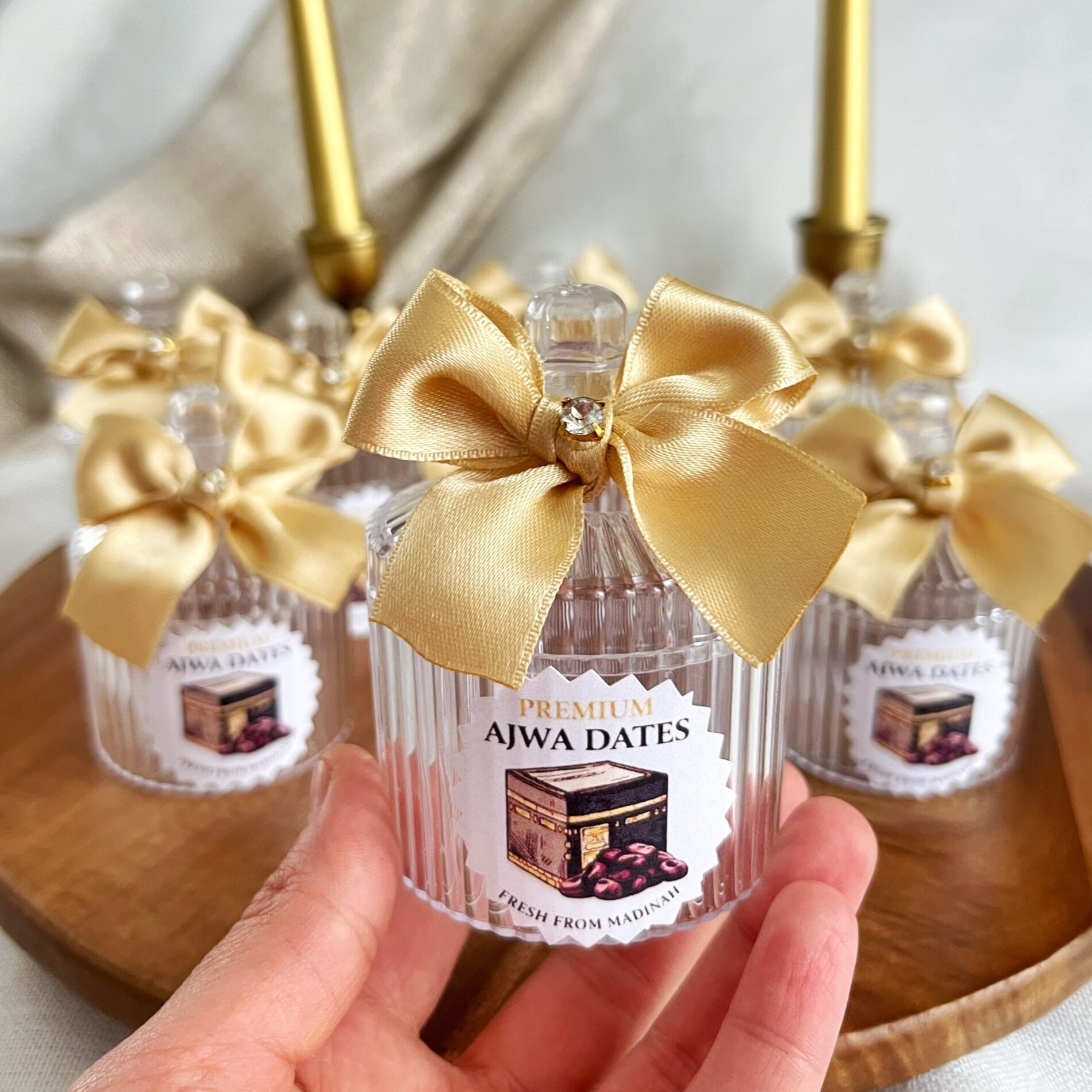 Luxury ajwa dates favor jar with gold ribbon islamic wedding hajj umrah gift