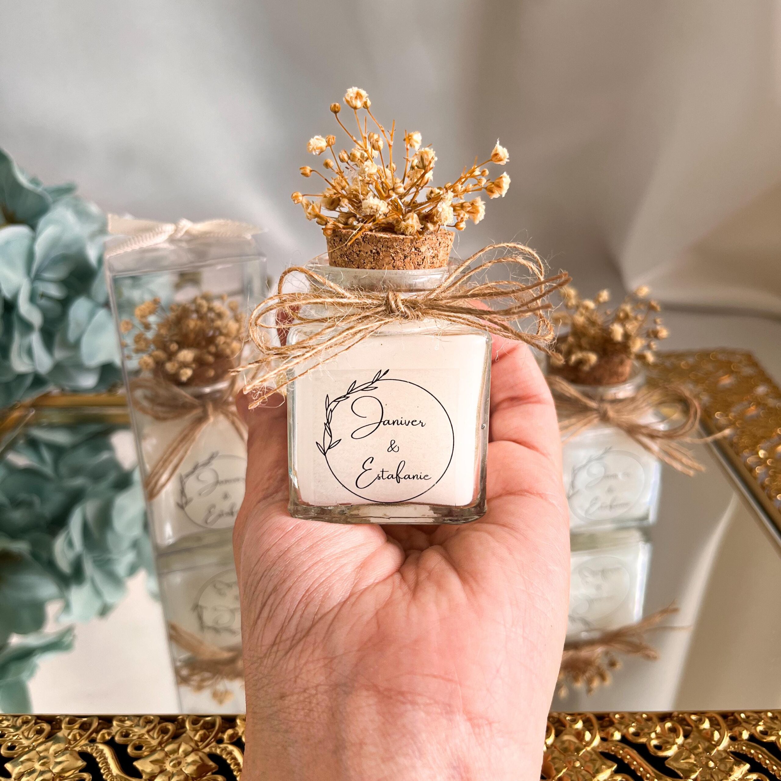 Personalized Rustic Wedding Candle Favors, Dried Flowers in Glass Jar, Guest Gift - Image 9