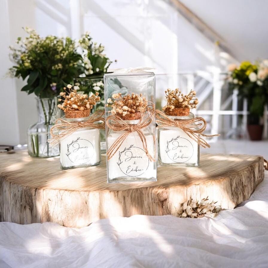 Personalized Rustic Wedding Candle Favors, Dried Flowers in Glass Jar, Guest Gift