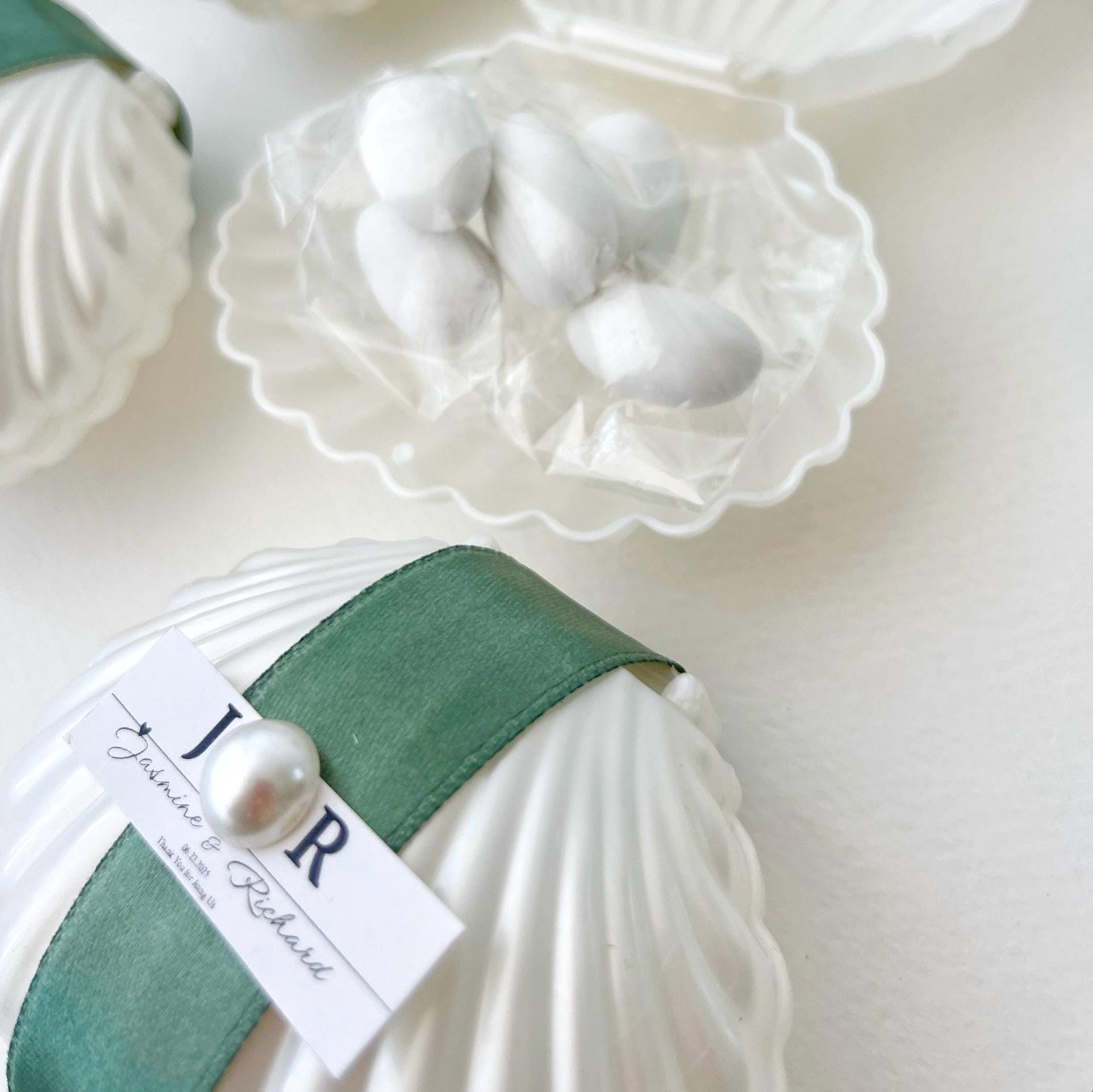 Oyster Shell Wedding Favor: Personalized Jordan Almonds, Pearl Accent, Engagement Gifts for Guests - Image 9