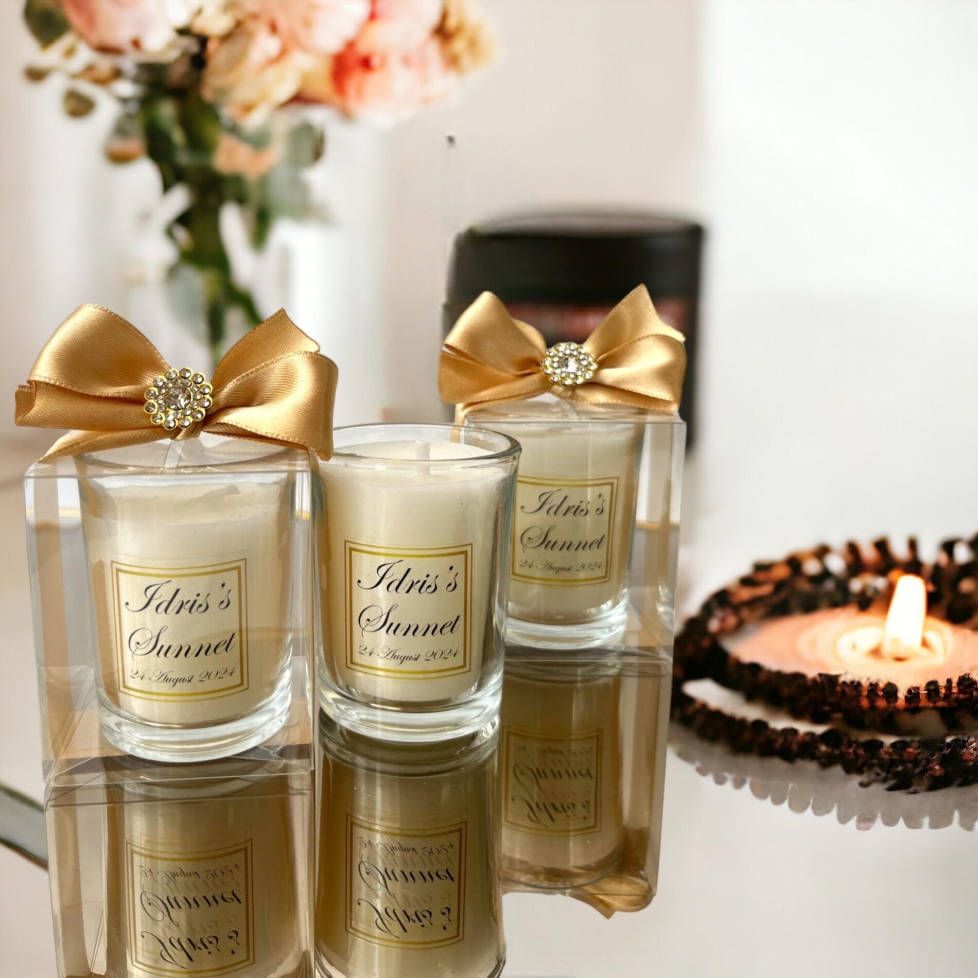 Wedding Shot Glass Candle Favors, Bridal Shower, Baptism, Quinceañera, Elegant Gift, Custom Label