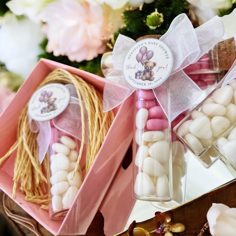 Personalized Baby Shower Candy Favors, Pink Heart Tubes with Custom Tags, Edible Guests Favor