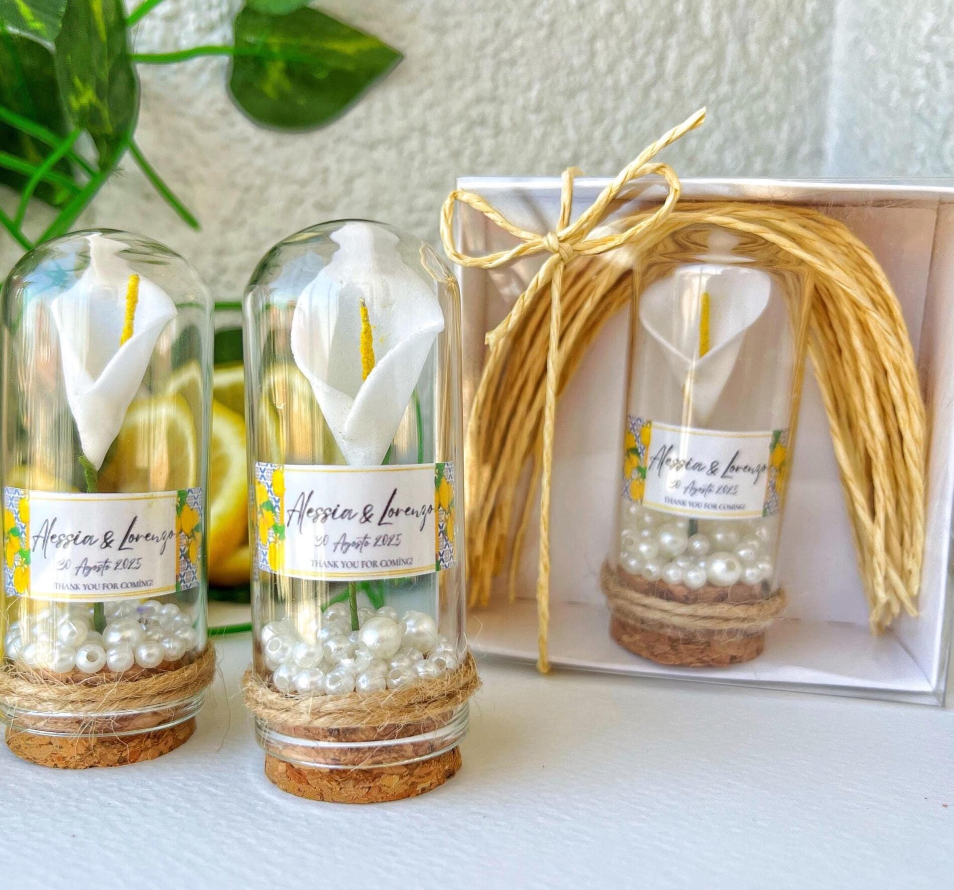 Amalfi Coast Wedding Favor: Calla Lily Glass Dome, Personalized Italian Tile, Unique Wedding Gifts