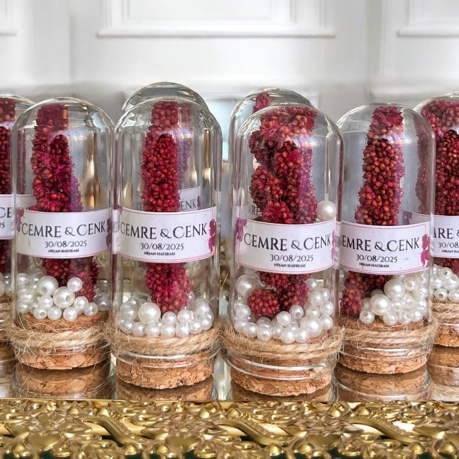 Personalized Burgundy Dried Flower Favor: Glass Dome Wedding Keepsake, Holiday Party Favors