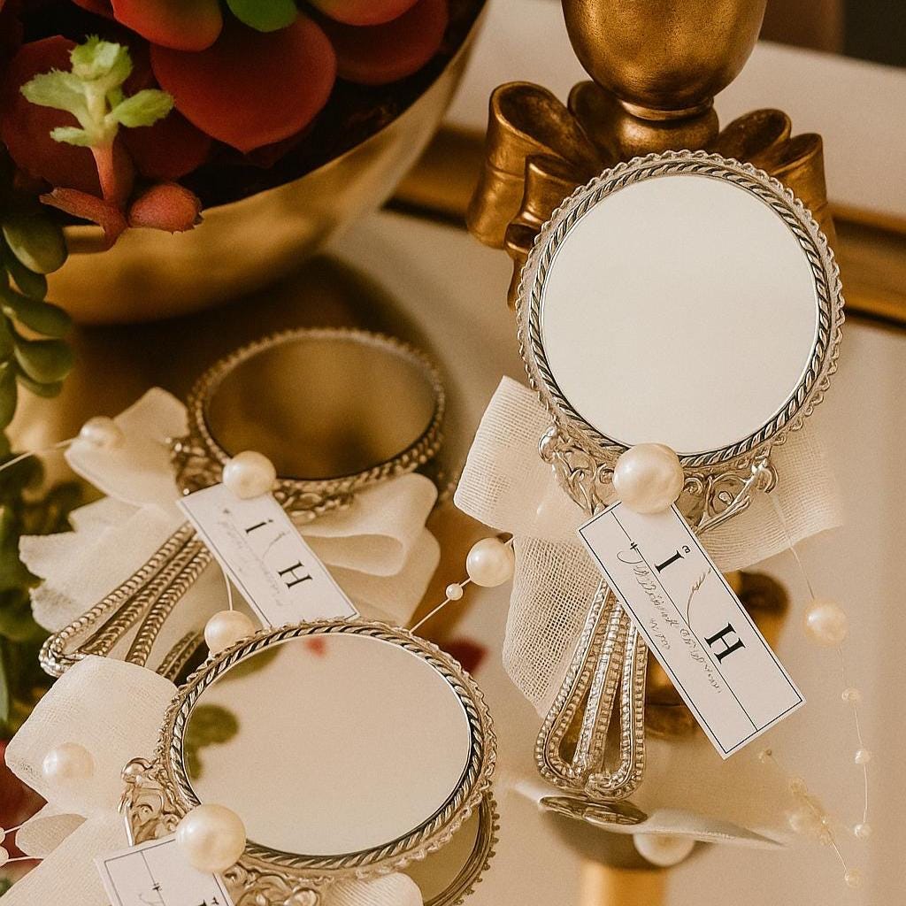 Alternative view of Silver Mirror Wedding Favors, Bridal Shower Guest Gift, Vintage Style Keepsake with Pearl Accent