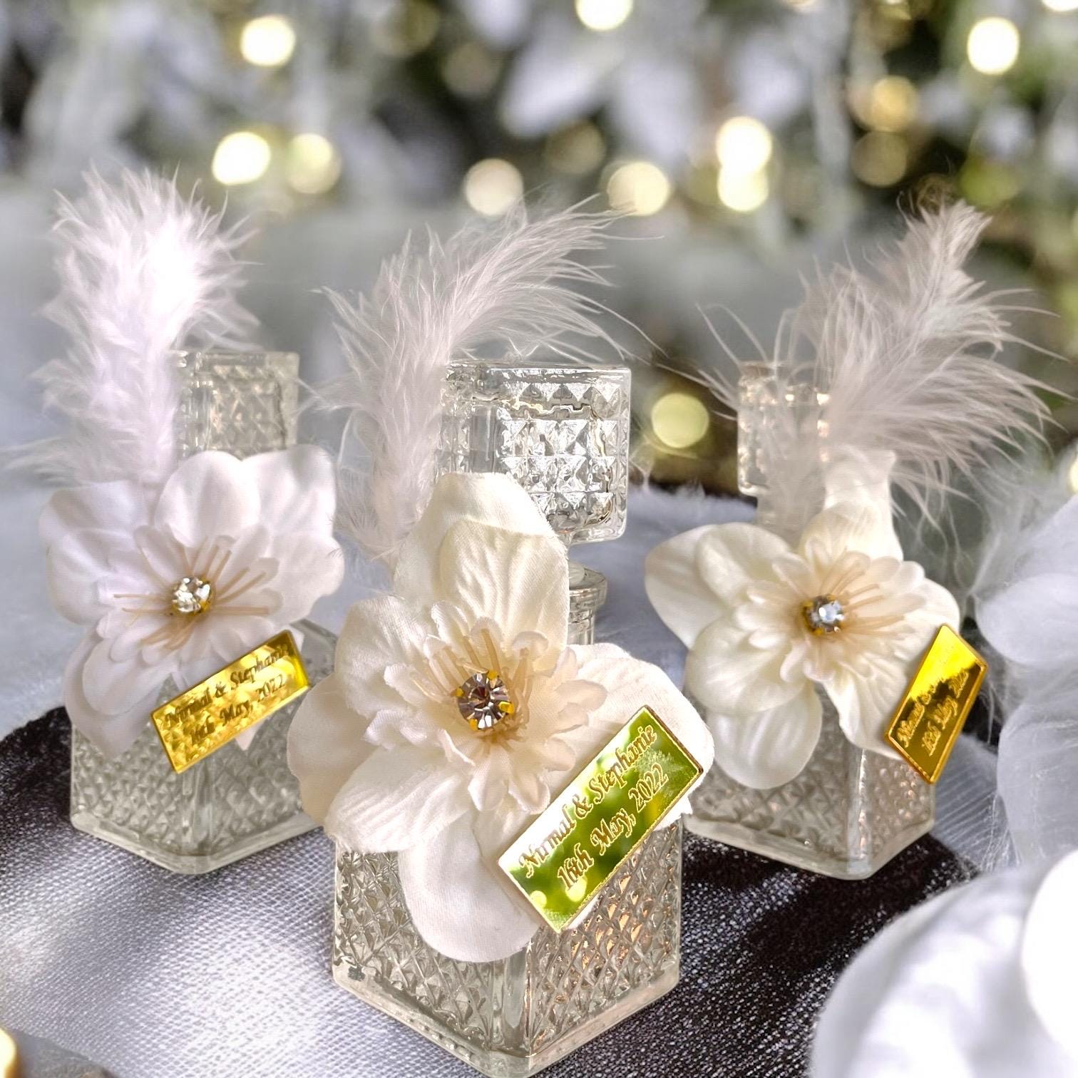 Crystal Perfume Bottle Wedding Favor • Personalized Gold Tag, Feather & Flower - Image 3