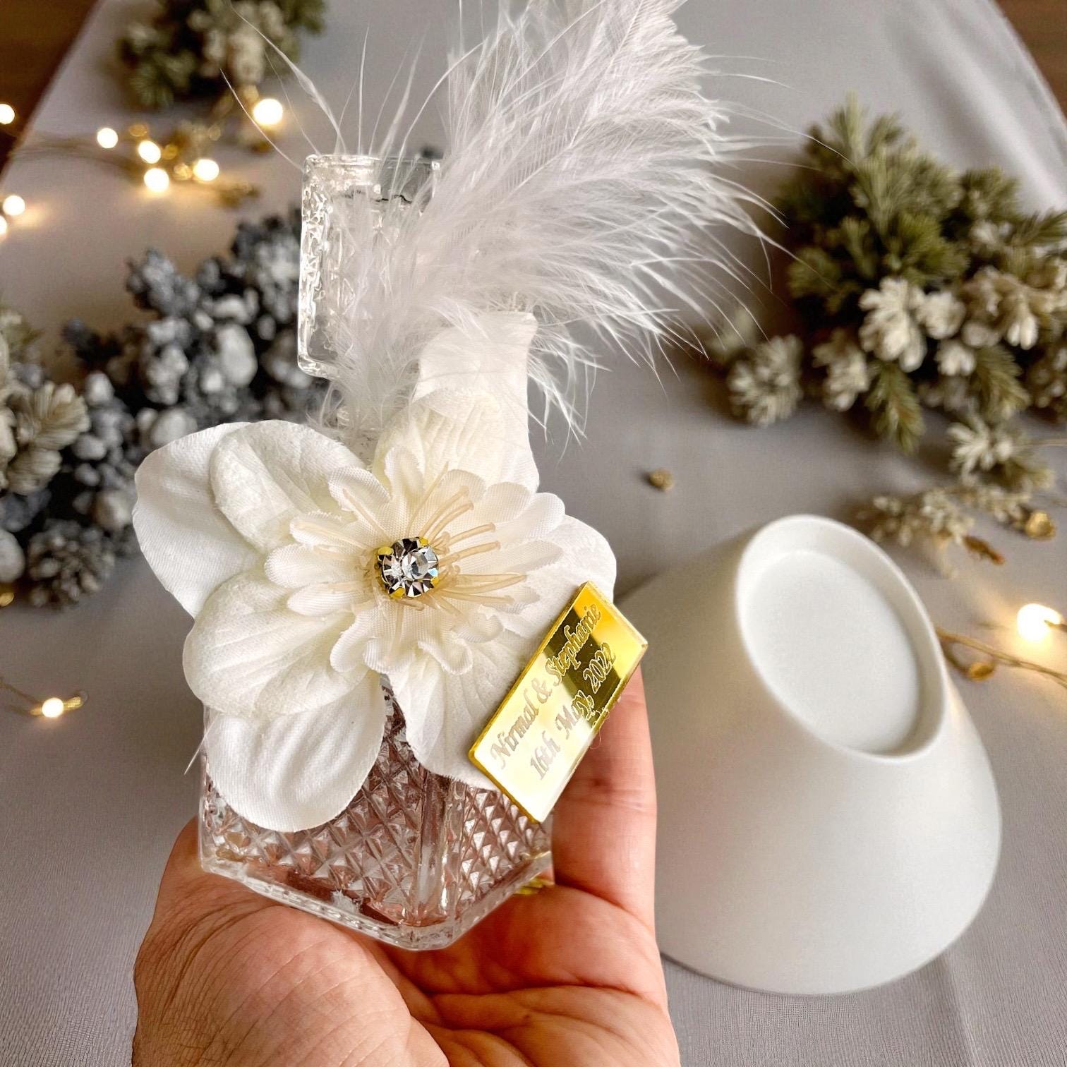 Crystal Perfume Bottle Wedding Favor • Personalized Gold Tag, Feather & Flower