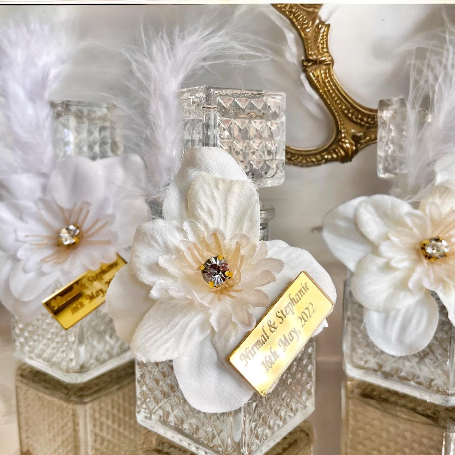 Crystal Perfume Bottle Wedding Favor • Personalized Gold Tag, Feather & Flower - Image 9