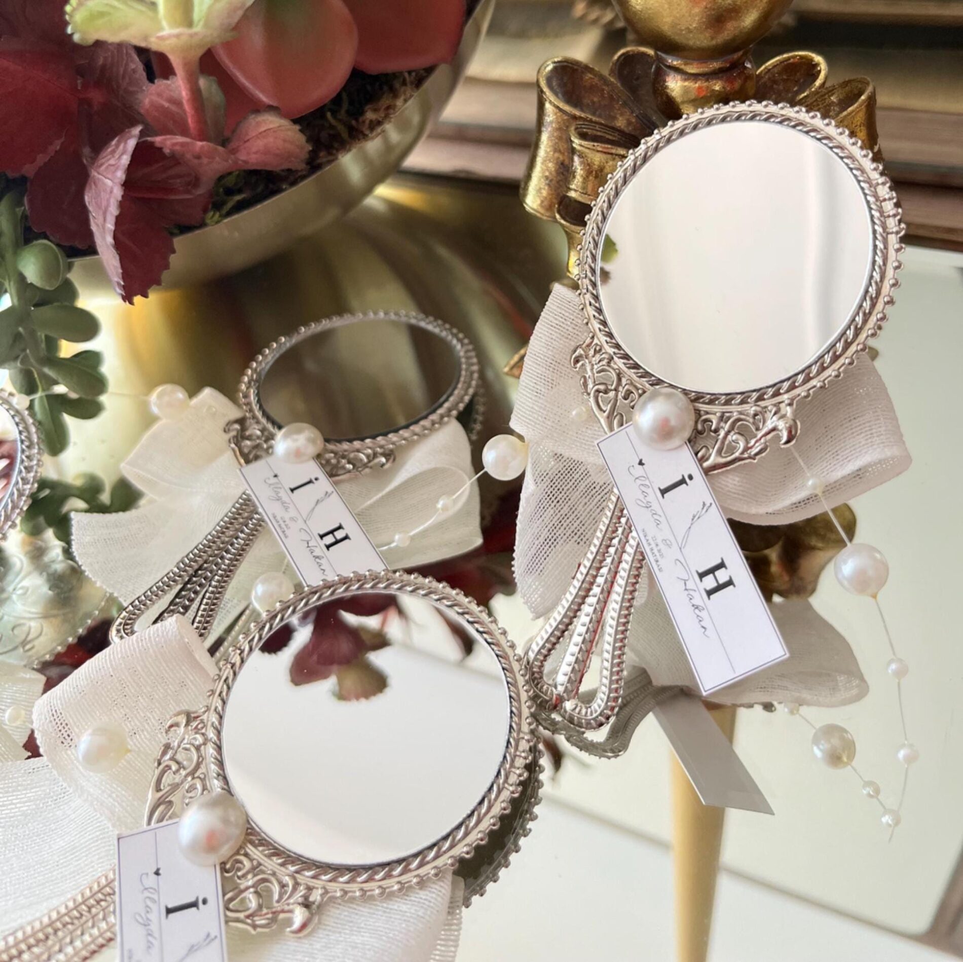 Silver Mirror Wedding Favors, Bridal Shower Guest Gift, Vintage Style Keepsake with Pearl Accent