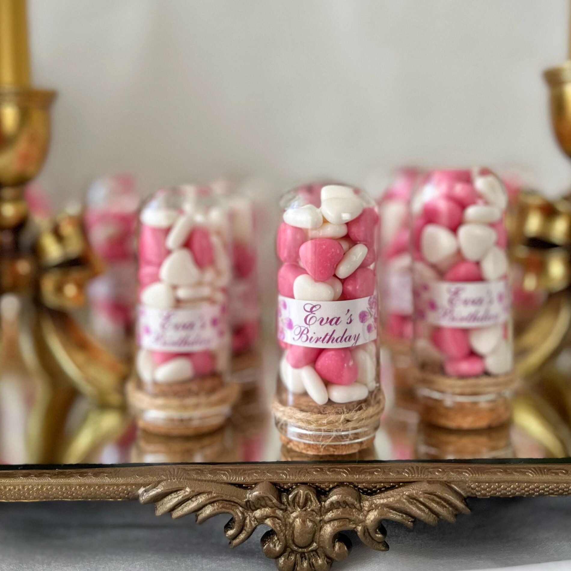 Personalized Glass Dome Birthday Favors: Heart Candy, Jute Wrap, Edible Party Favor