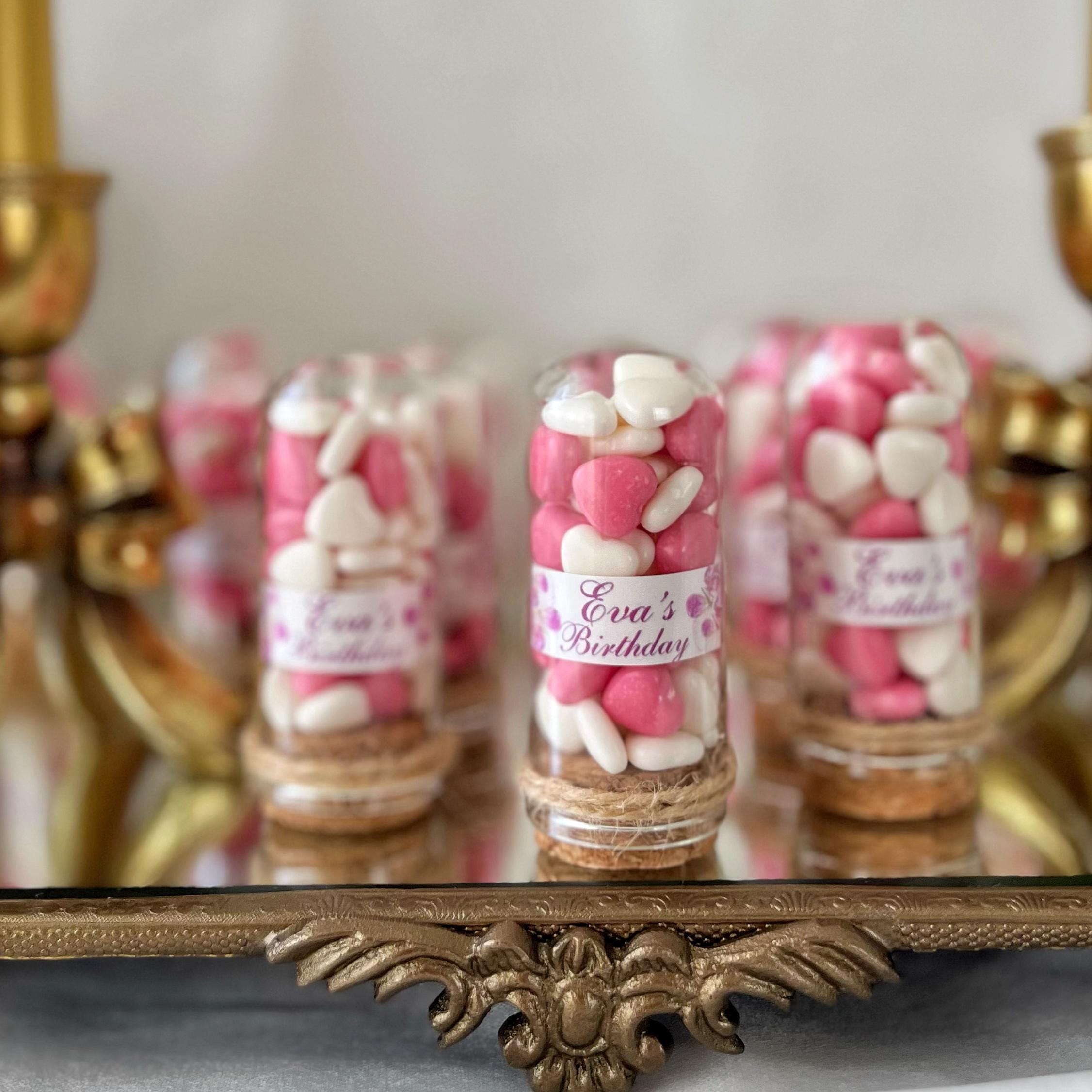 Personalized Glass Dome Birthday Favors: Heart Candy, Jute Wrap, Edible Party Favor