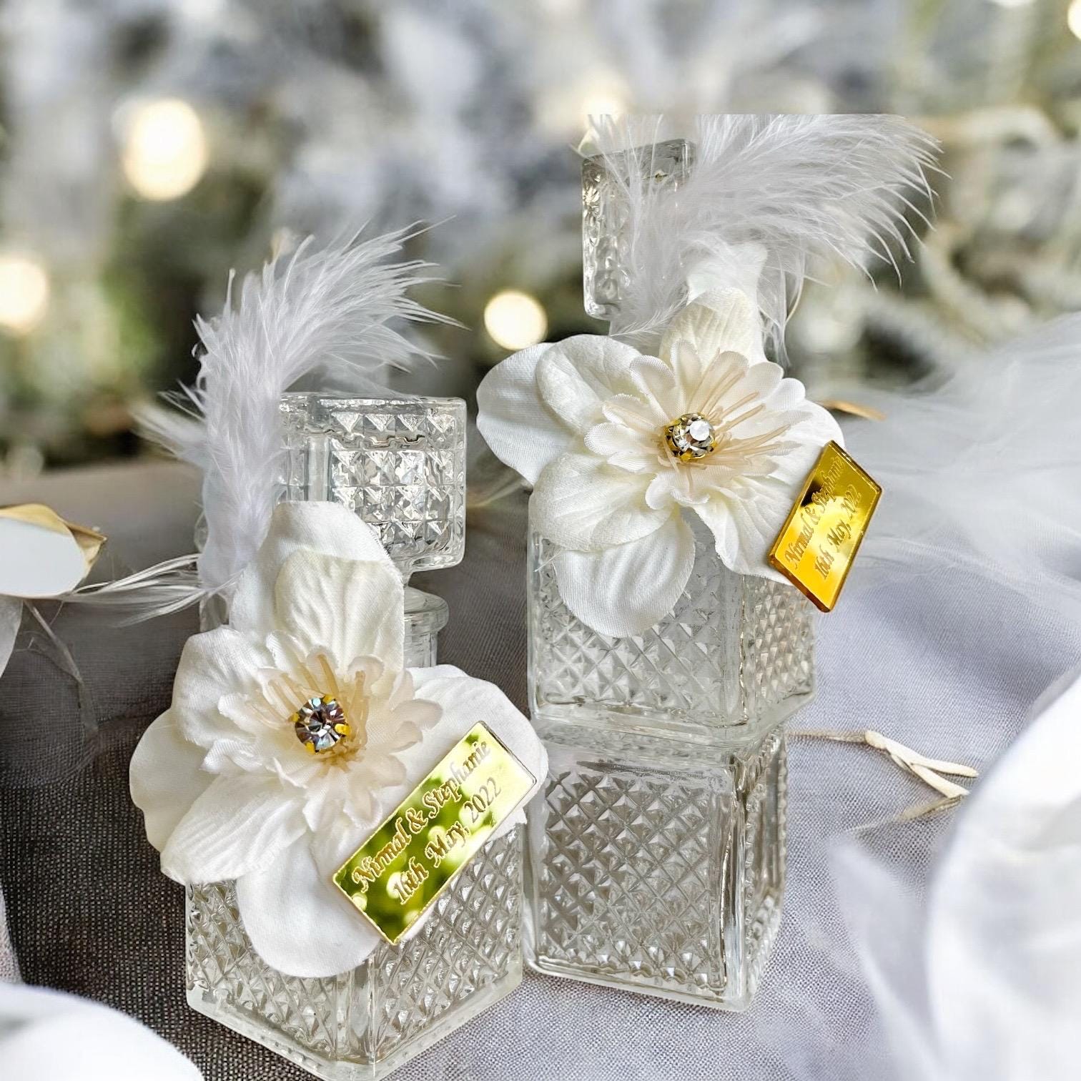 Crystal Perfume Bottle Wedding Favor • Personalized Gold Tag, Feather & Flower - Image 4