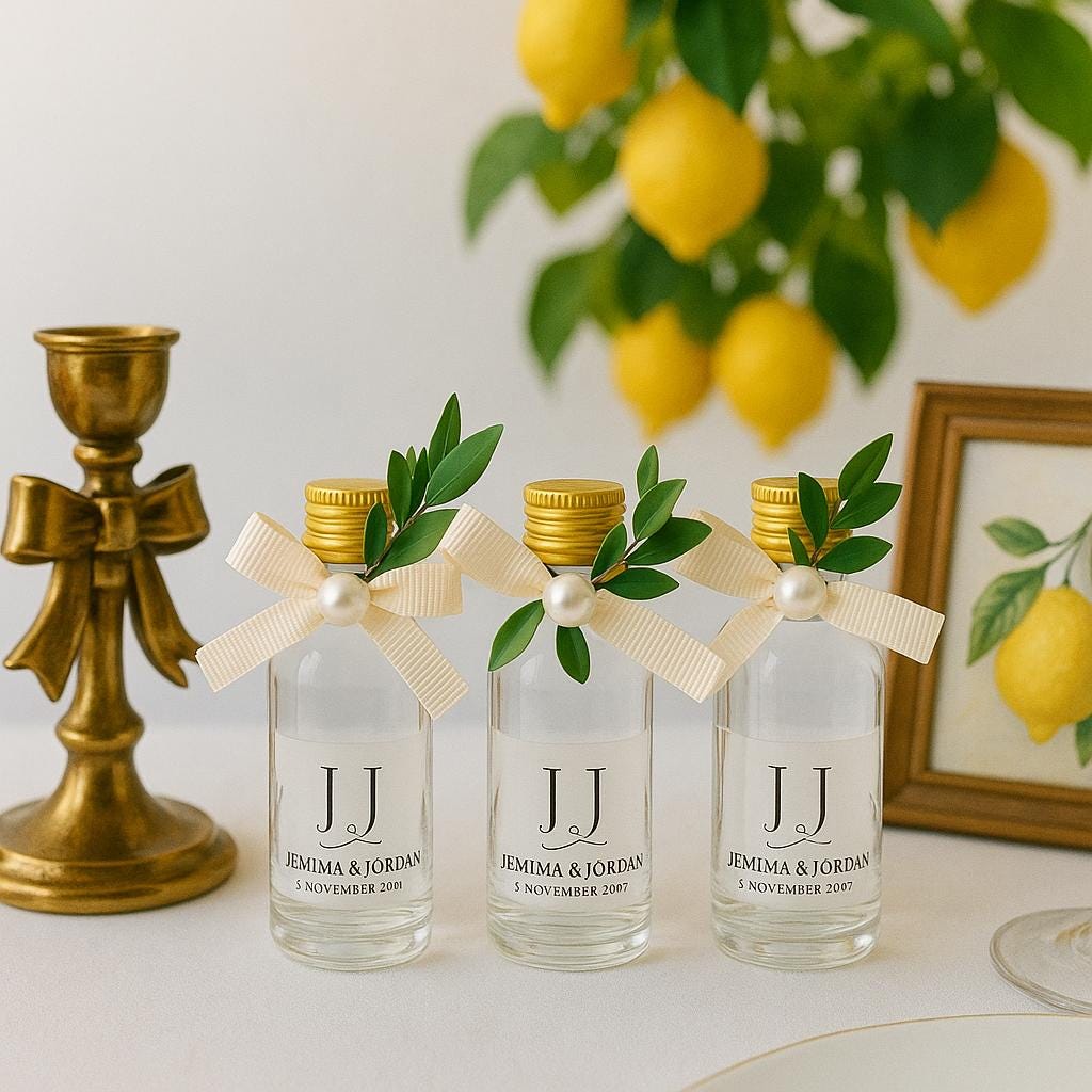 Personalized Amalfi Wedding Favor Bottle • Olive Leaf & Pearl Decor