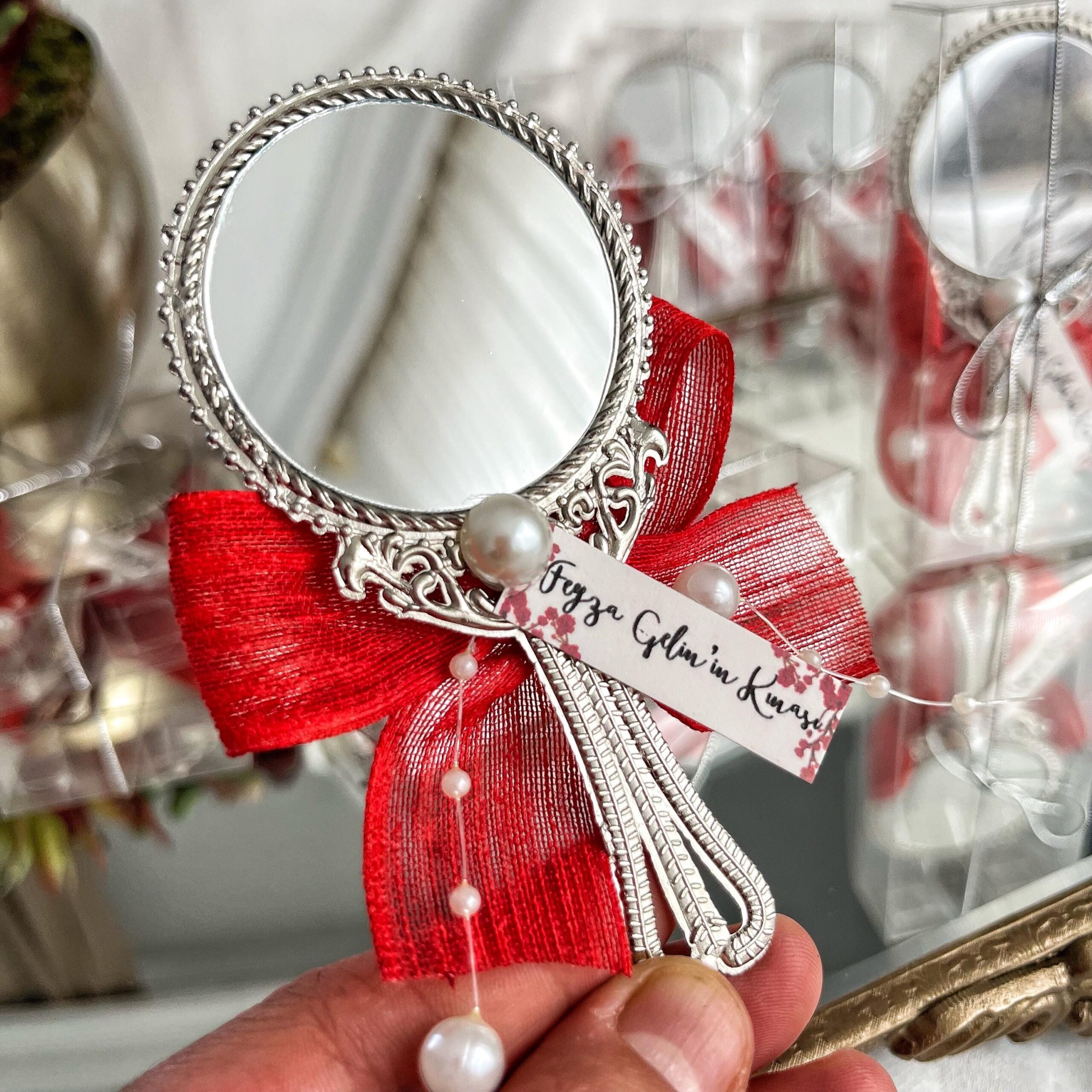 Personalized Mirror Wedding Favors, Red Party Gifts, Vintage Style Keepsake with Pearl Accent - Image 10