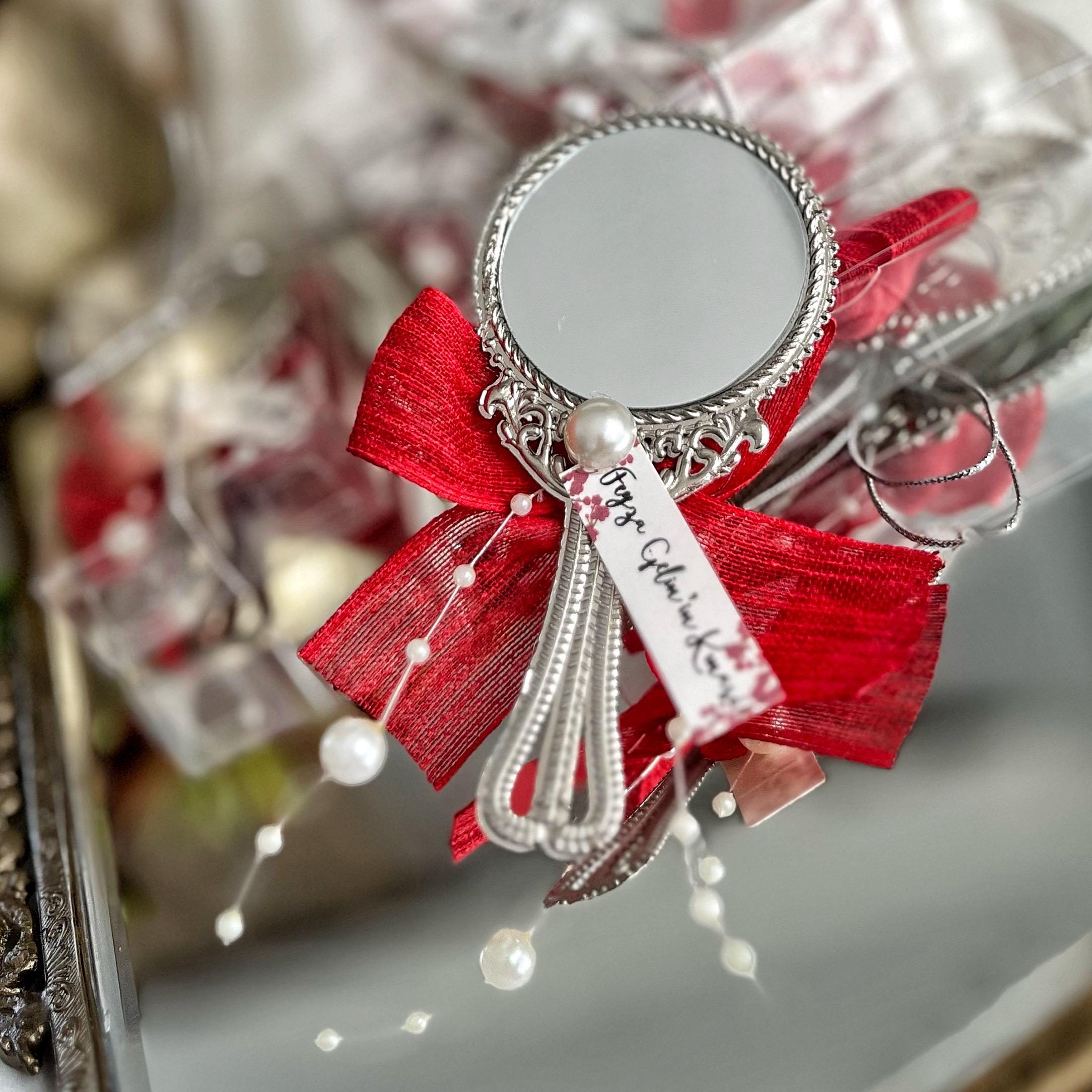Personalized Mirror Wedding Favors, Red Party Gifts, Vintage Style Keepsake with Pearl Accent