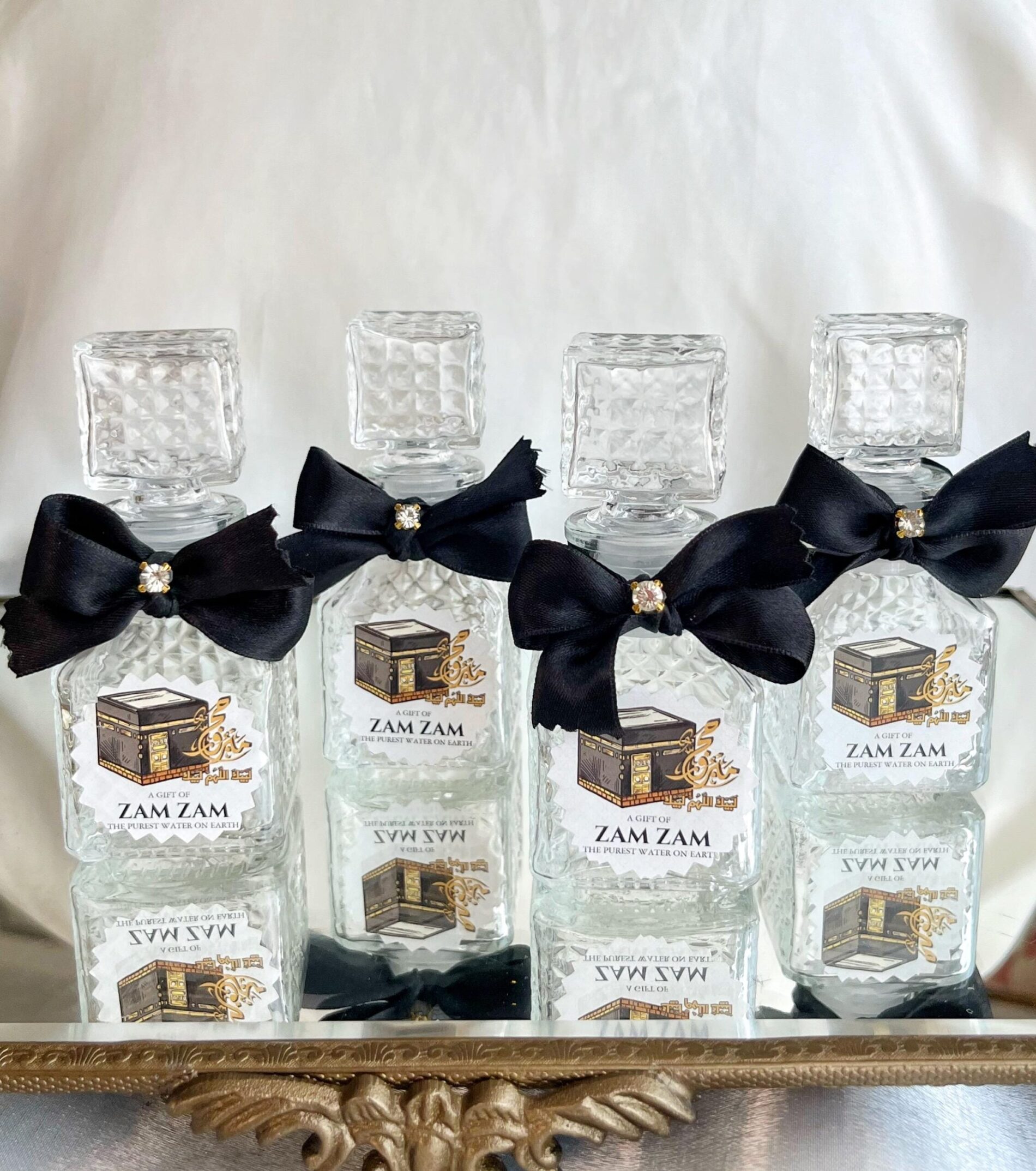 Alternative view of Empty Zamzam Bottle with Kaaba Label and Black Bow – Islamic Glass Favor for Hajj Umrah Eid Muslim Wedding or Baby Shower Gift