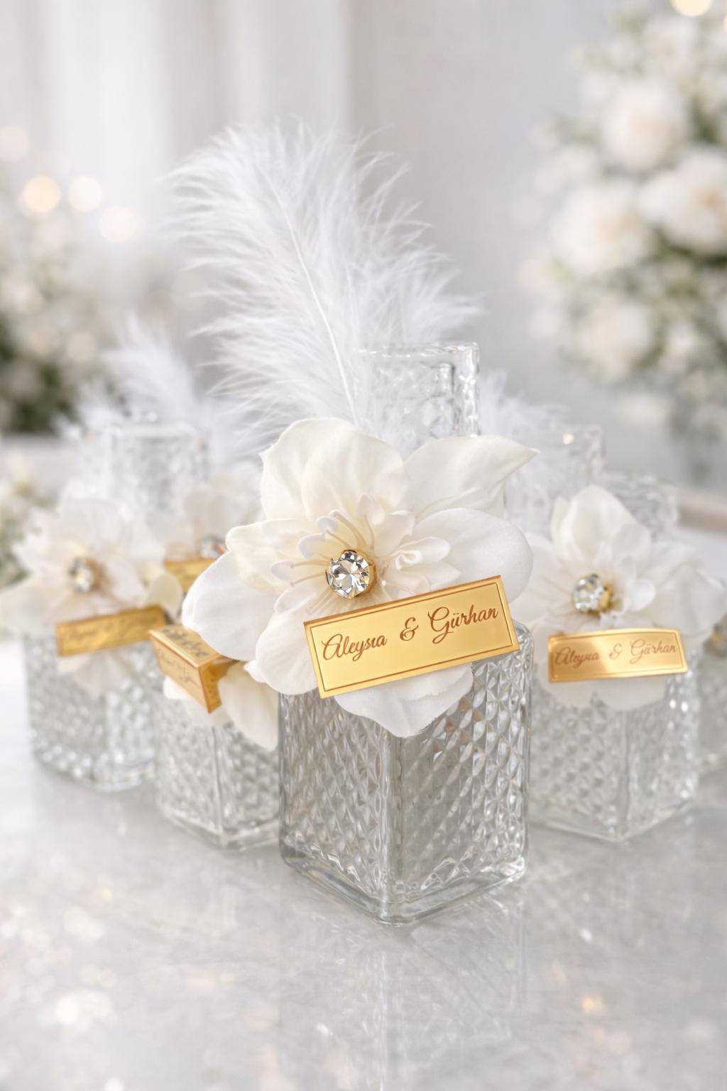 Personalized Wedding Favors - Elegant Glass Perfume Bottles with Flowers & Feathers