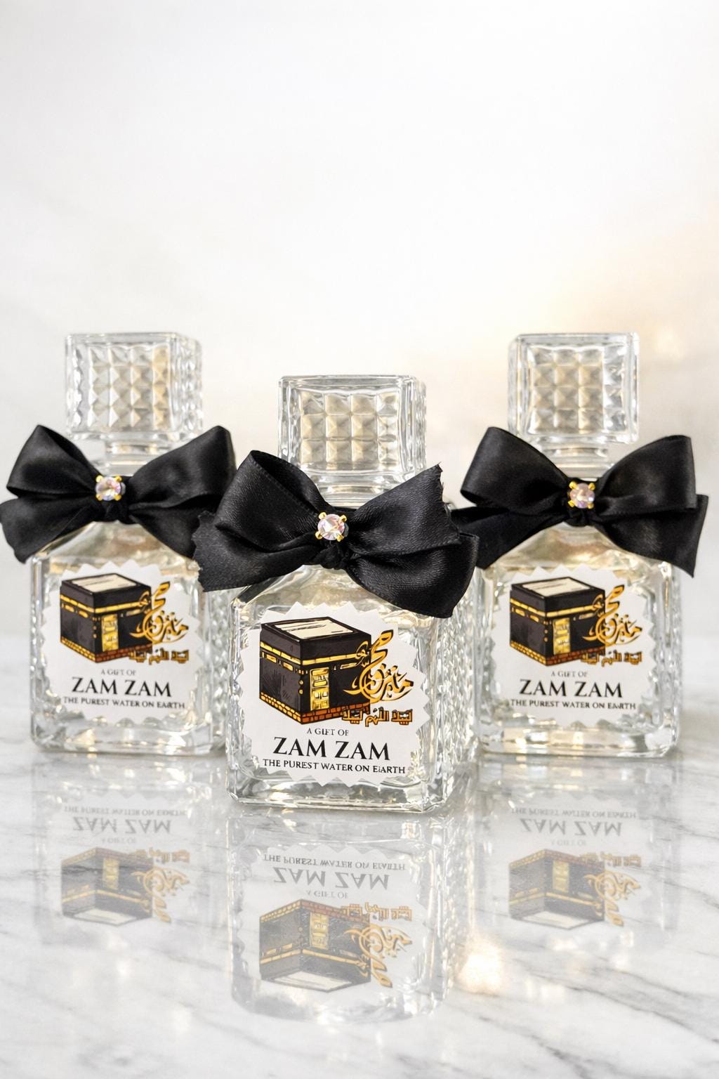 Empty Zamzam Bottle with Kaaba Label and Black Bow – Islamic Glass Favor for Hajj Umrah Eid Muslim Wedding or Baby Shower Gift