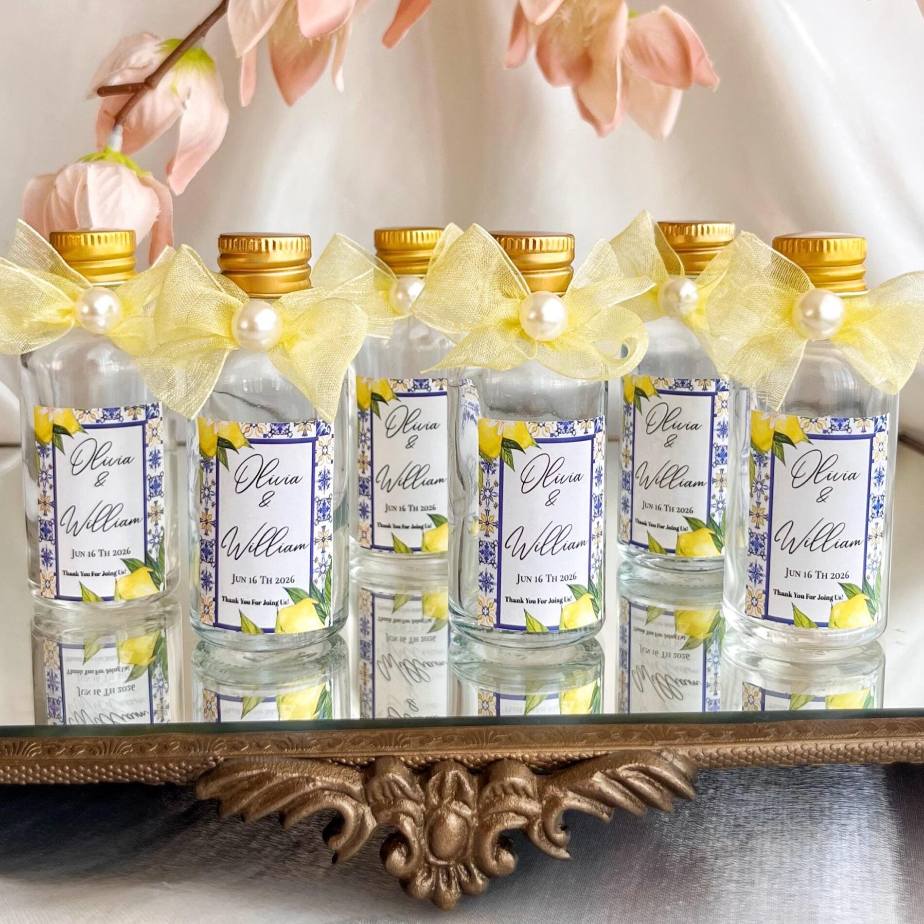 Personalized Amalfi Wedding Favor Bottle • Olive Leaf & Pearl Decor