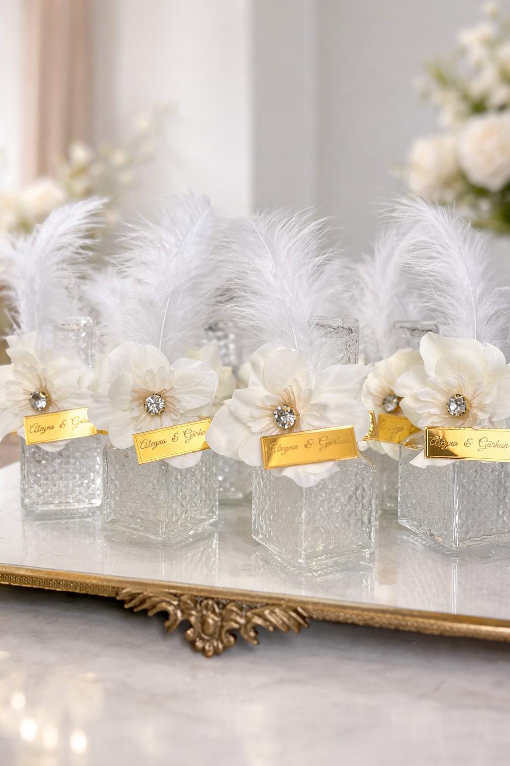 Alternative view of Personalized Wedding Favors - Elegant Glass Perfume Bottles with Flowers & Feathers