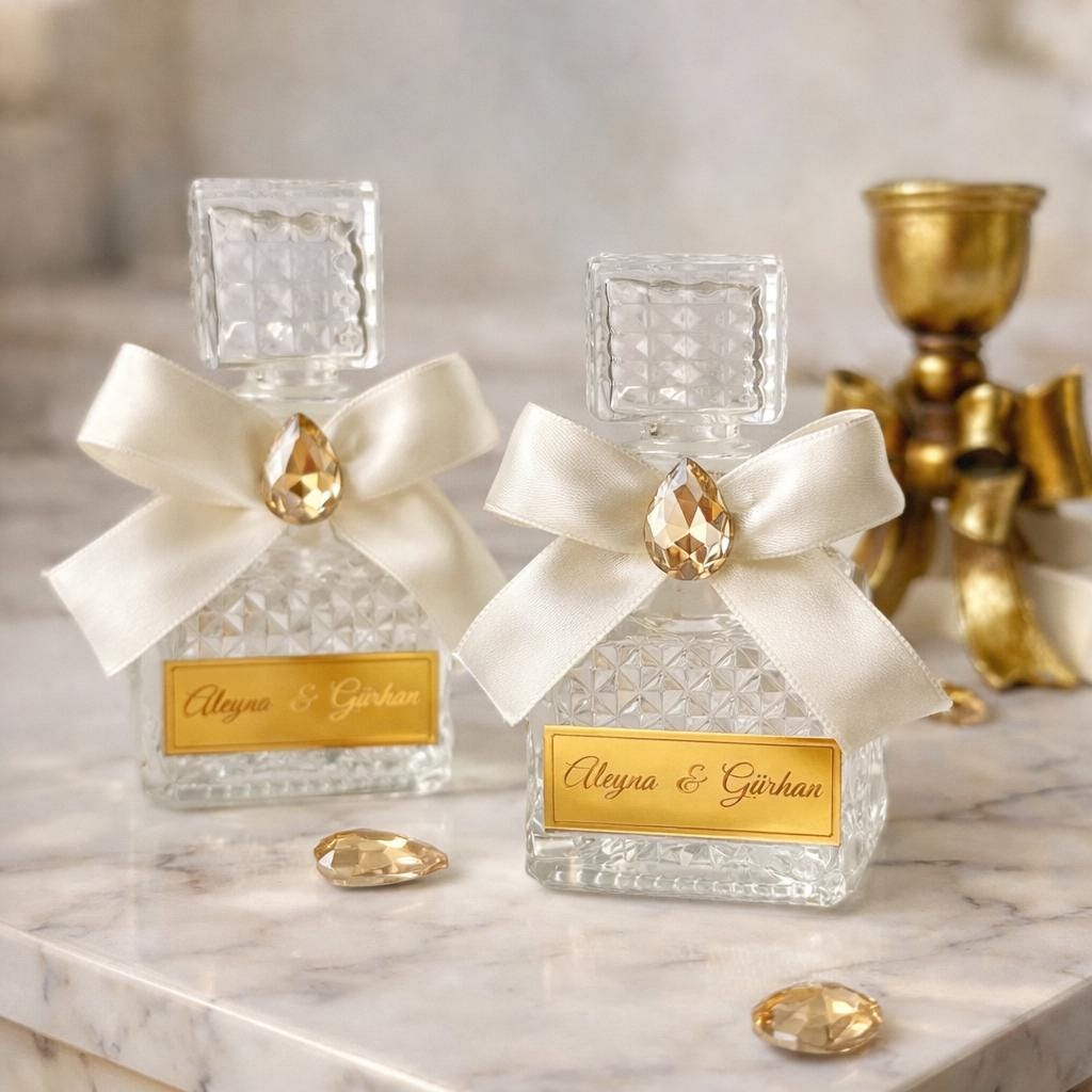 Personalized glass bottle wedding favors with gold acrylic name tag and ribbon - luxury handmade keepsake