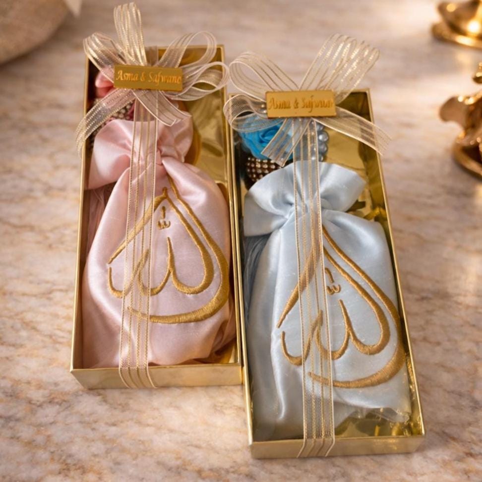 Islamic Wedding Favor Tasbih Set, Gold Allah Embroidered Pouch, Nikah Gift Guests - Image 3