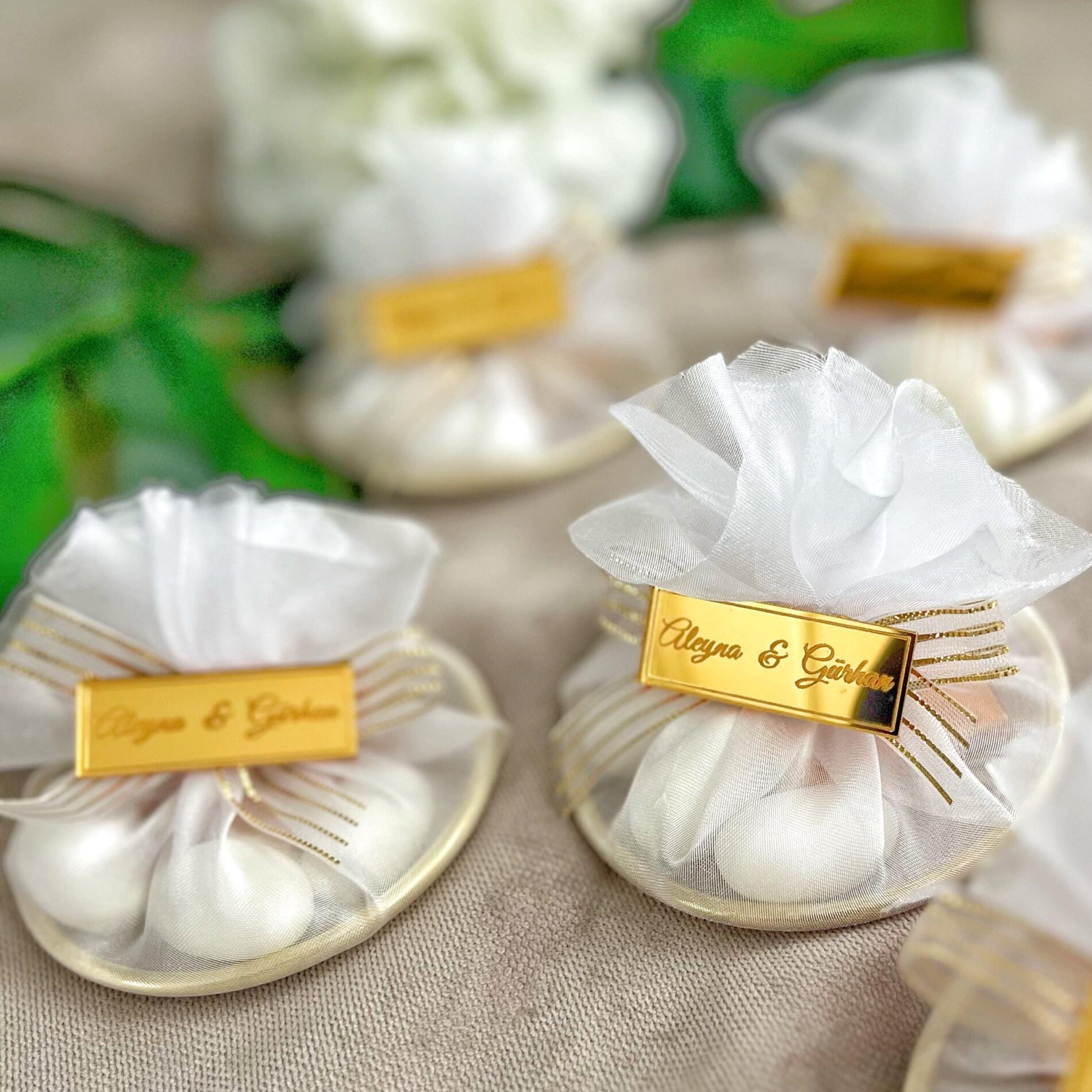 Custom Sugared Almond Candy Favor in Ring Tulle Bag, Elegant Wedding Guest Favors