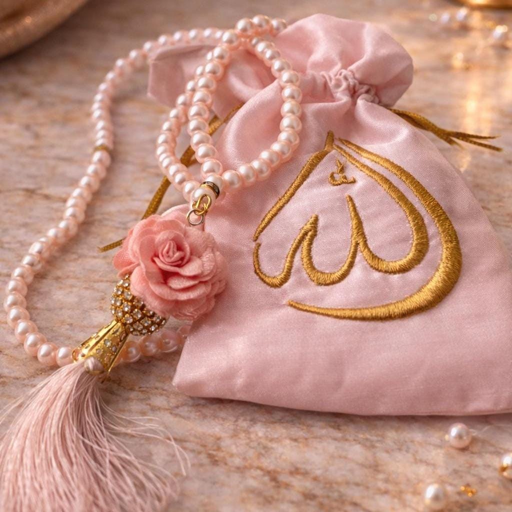 Alternative view of Islamic Wedding Favor Tasbih Set, Gold Allah Embroidered Pouch, Nikah Gift Guests