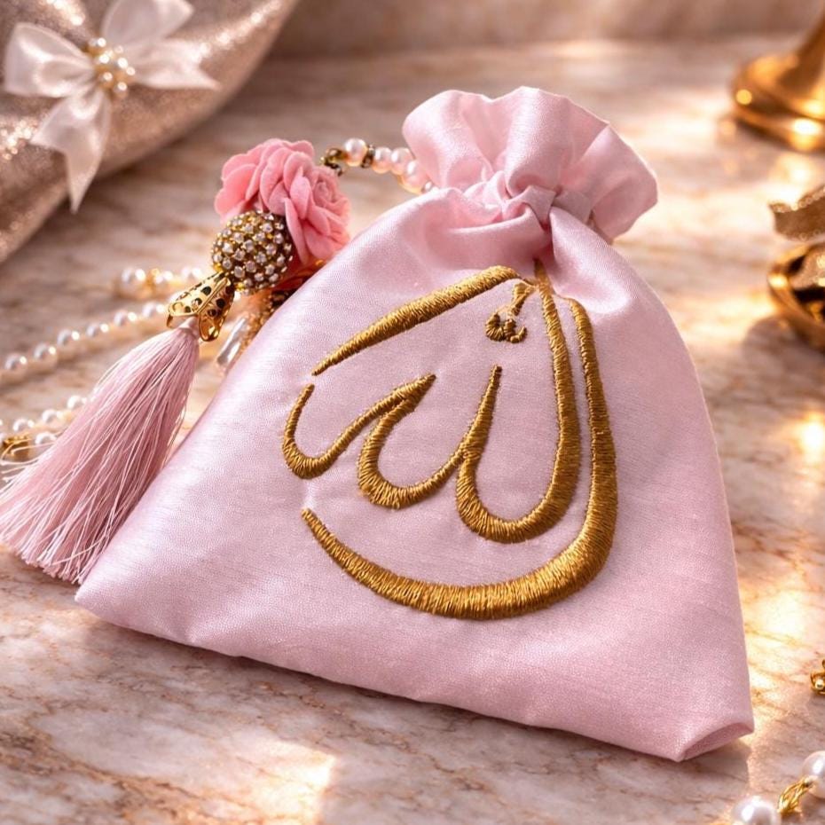 Islamic Wedding Favor Tasbih Set, Gold Allah Embroidered Pouch, Nikah Gift Guests - Image 9