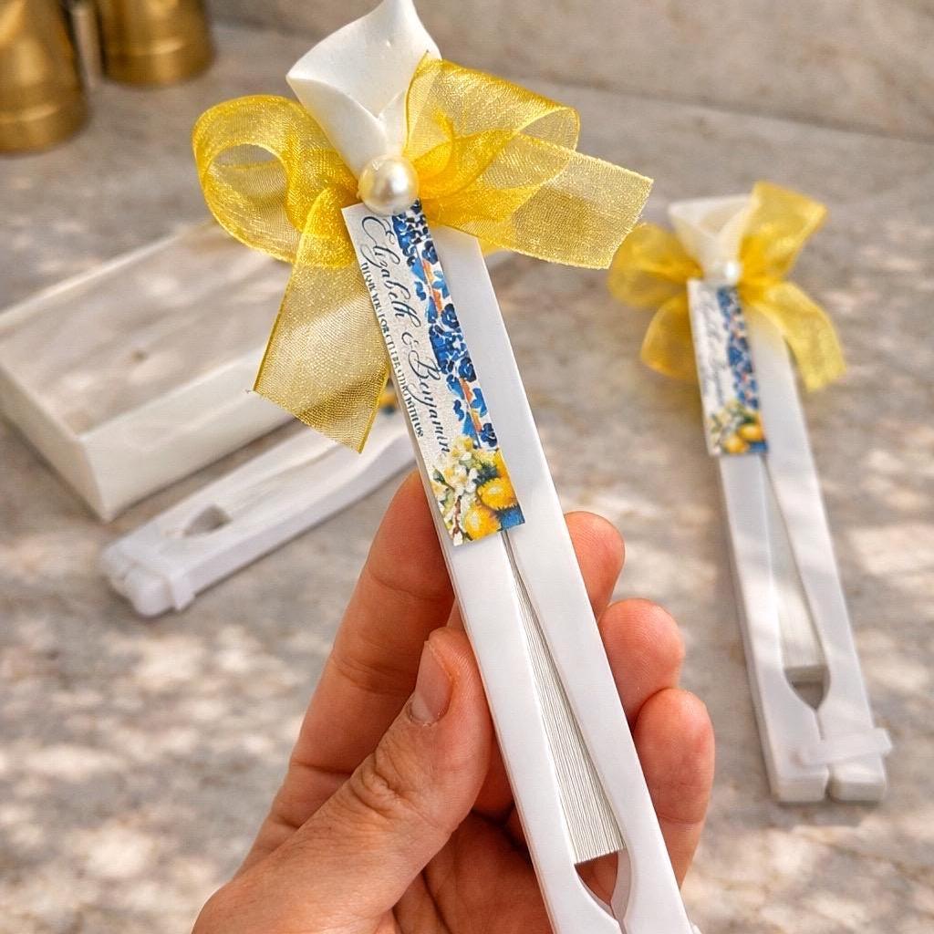 Personalized Amalfi Wedding Fans, White Folding Fans for Guests, Citrus Theme Bridal Shower Gift - Image 4