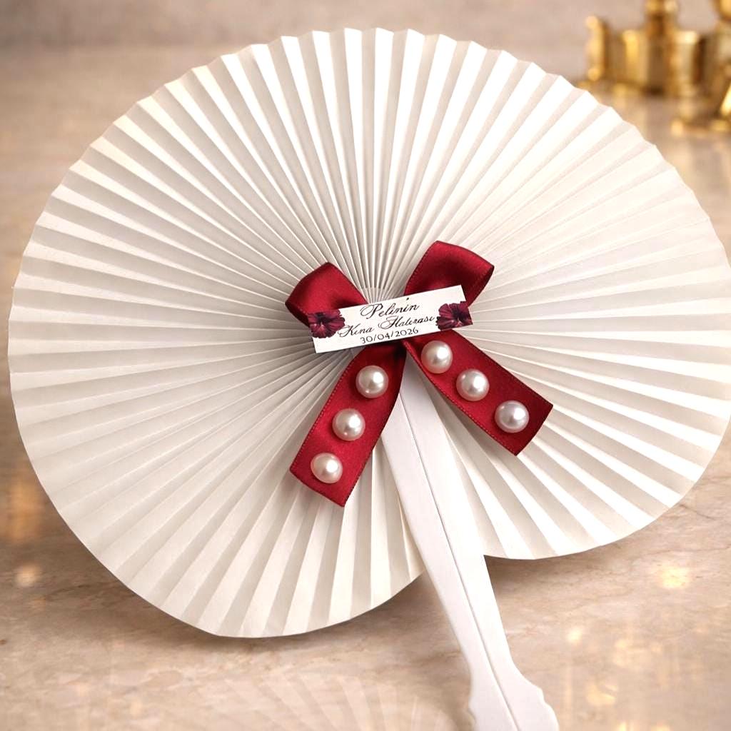 Alternative view of Personalized Wedding Fans, Elegant Pearl Hand Fans, Maroon Party Guest Gift