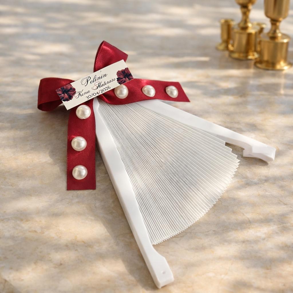 Personalized Wedding Fans, Elegant Pearl Hand Fans, Maroon Party Guest Gift - Image 4