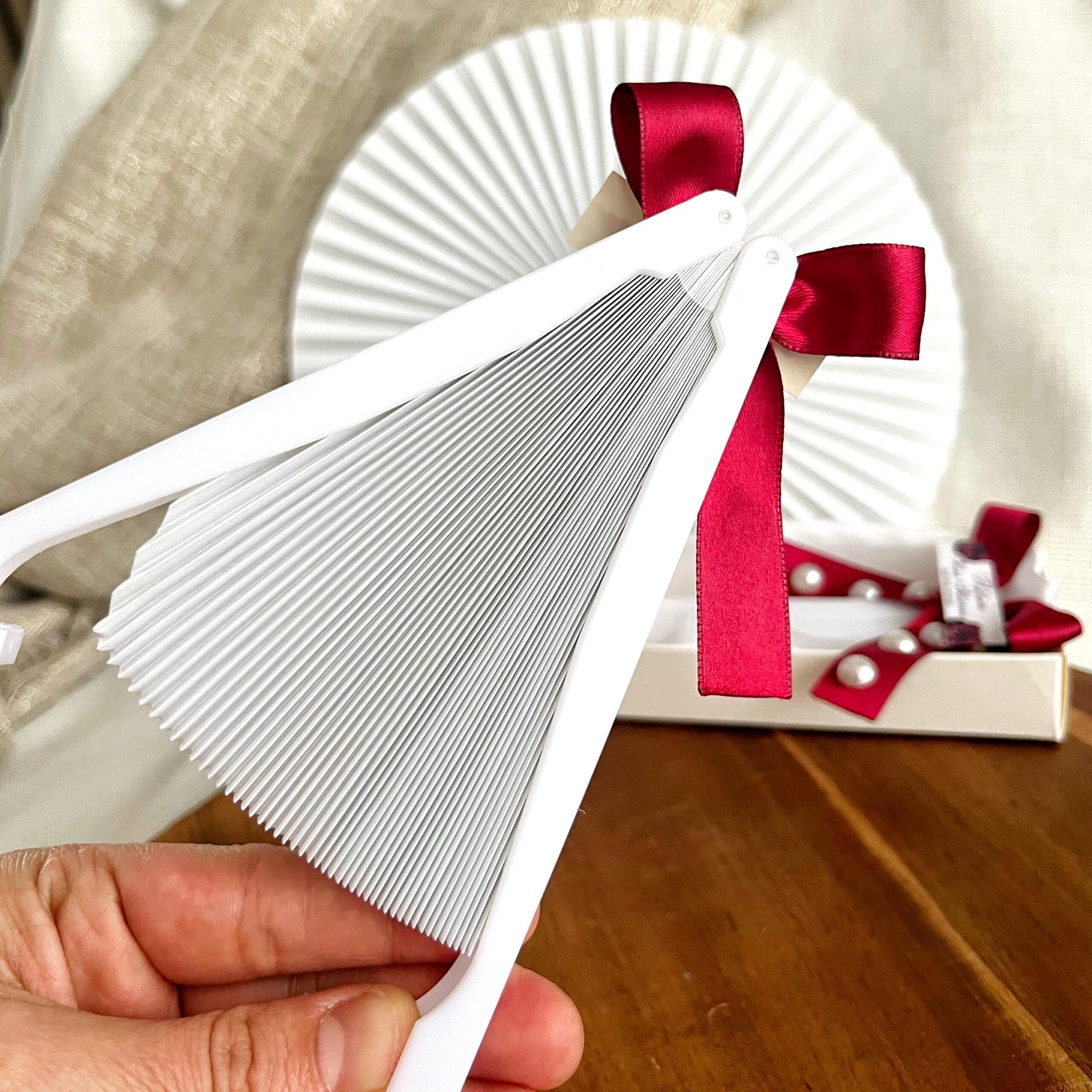 Personalized Wedding Fans, Elegant Pearl Hand Fans, Maroon Party Guest Gift - Image 5