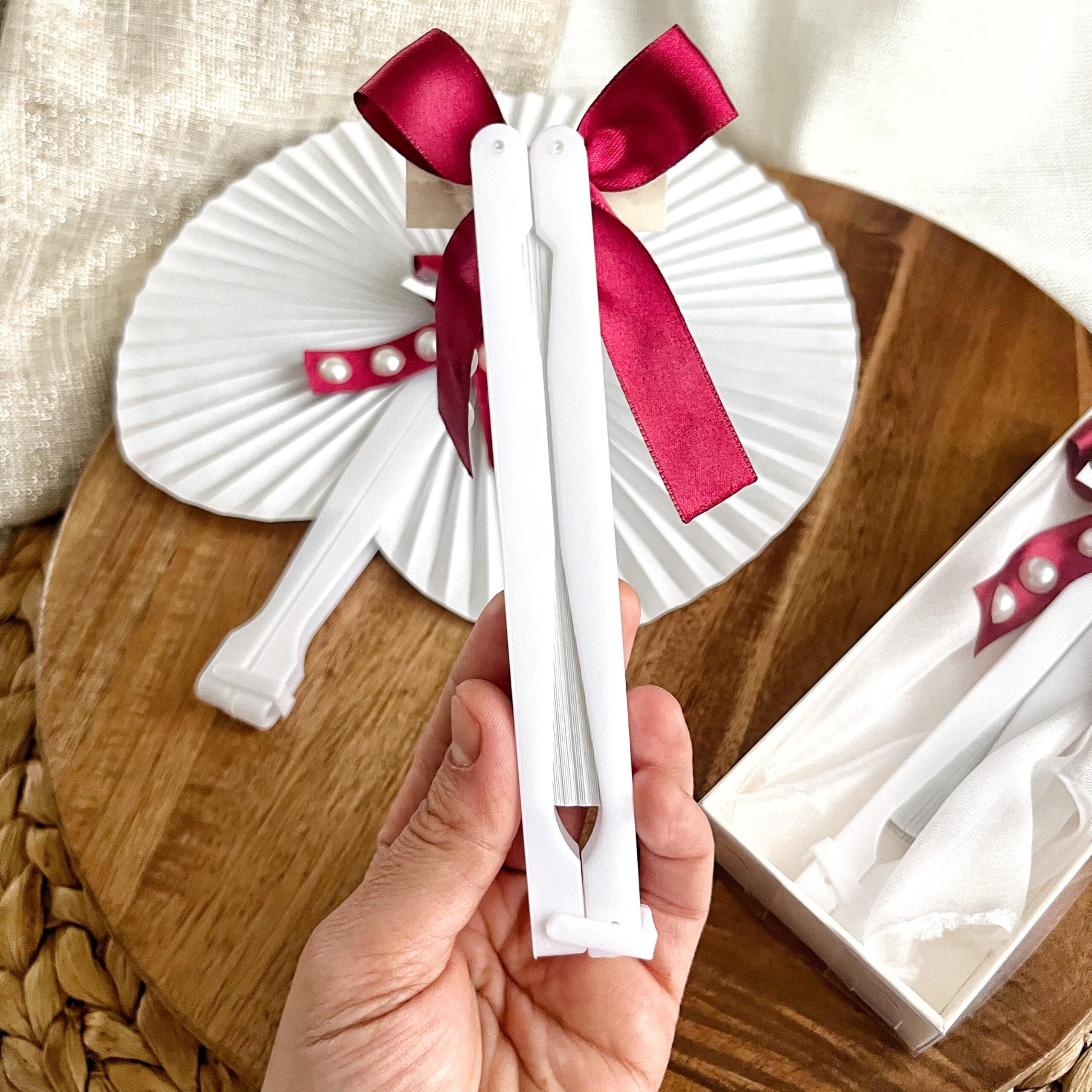 Personalized Wedding Fans, Elegant Pearl Hand Fans, Maroon Party Guest Gift - Image 7